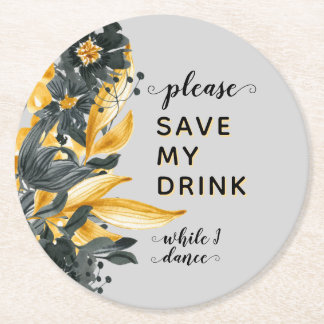 Gelb & grau floral Elegantes HochzeitDrink Saver Runder Pappuntersetzer