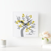 Gelb, grau Liebesvögel Kirschbaum & Blüten Quadratische Wanduhr (Zuhause)