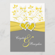 Gelb, Grau, Weiß Joined Hearts Einladung