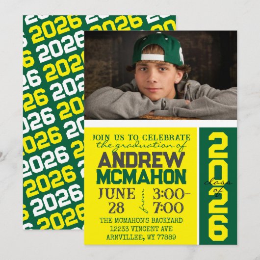 Gelb & Grün Modernes Abschluss Foto Einladung (Vorne/Hinten)