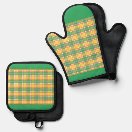 Gelb, grün und orange Kariert Ofenhandschuh & Topflappen-Set (Vorderseite/Rückseite)