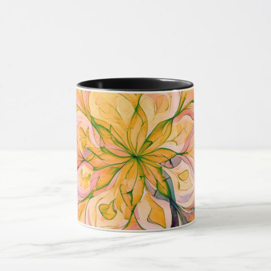 Gelb-grüne Aquarell-Blumen-Boho-Mandala Tasse (Zentrum)