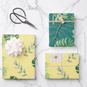 Gelb-grüne Aquarell-Blumen- und Tropenblätter Geschenkpapier Set