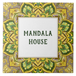 Gelb-grüne Mandala-Hausnamensschild-Plakette Fliese