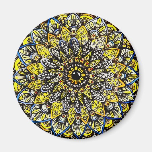 Gelb-grünes, handgezeichnetes Mandala-Design Magnet (Vorne)