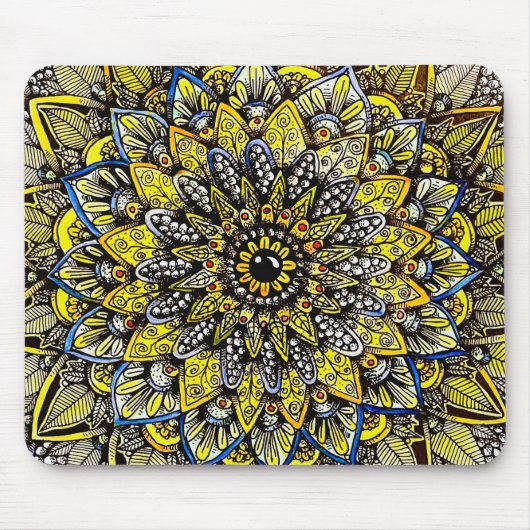 Gelb-grünes, handgezeichnetes Mandala-Design Mousepad (Vorne)