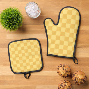 Gelb kariertes Muster Ofenhandschuh & Topflappen-Set