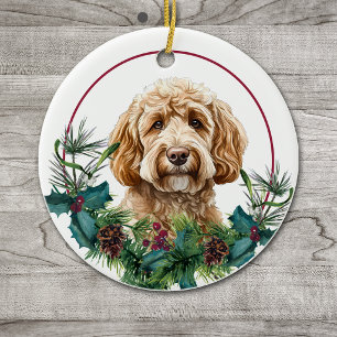 Gelb Labradoodle Hund Immergrüner Kranz Keramik Ornament