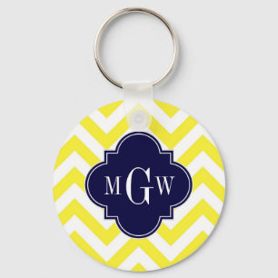 Gelb Lg Chevron Marineblau Quatrefoil 3 Monogramm Schlüsselanhänger