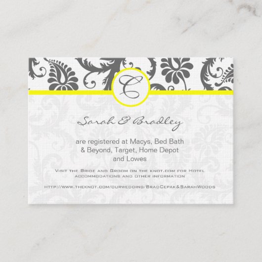 Gelb mit grauem Damast Hochzeitsinfo-Karten Begleitkarte (Vorderseite)