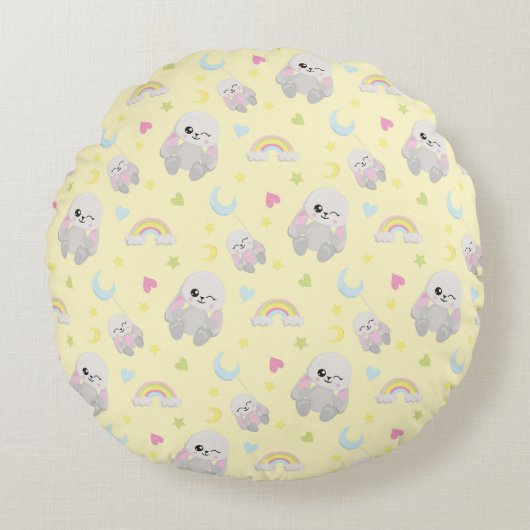 GELB MIT PLUSH BUNNIES MOONS STARS RUNDES KISSEN (Vorderseite)