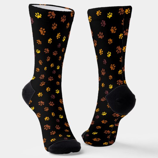 Gelb-orange-braune Paw Prints Muster Schwarz Socken (Gewinkelt)