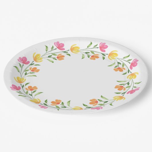Gelb, orange, rosa Blumenkränz Pappteller (Schrägansicht)