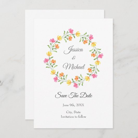Gelb, orange, rosa Blumenkränz Save The Date (Vorne/Hinten)