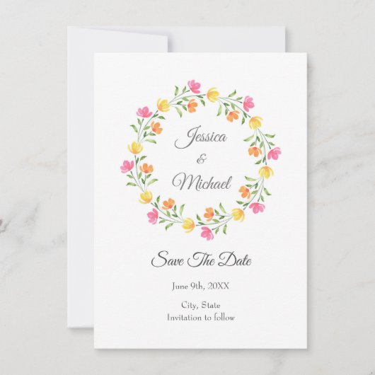 Gelb, orange, rosa Blumenkränz Save The Date (Vorderseite)