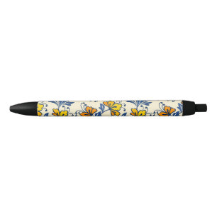 Gelb Orange Vintage-Folk Blumen Blaues Blatt Kugelschreiber