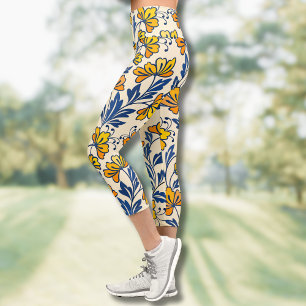 Gelb Orange Vintage-Folk-Florales Blau Blatt Capri Leggings