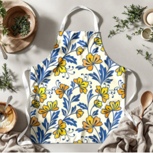 Gelb Orange Vintage-Folk-Florales Blau Blatt Schürze