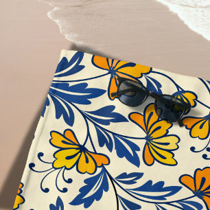 Gelb Orange Vintage-Folk-Florales Blau Blatt Strandtuch