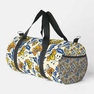 Gelb Orange Vintage-Folk-Florales Blaues Blatt Duffle Bag