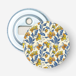 Gelb Orange Vintage-Folk-Florales Blaues Blatt Flaschenöffner