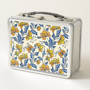 Gelb Orange Vintage-Folk-Florales Blaues Blatt Metall Brotdose