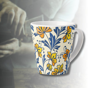 Gelb Orange Vintage-Folk-Florales Blaues Blatt Milchtasse