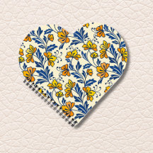 Gelb Orange Vintage-Folk-Florales Blaues Blatt