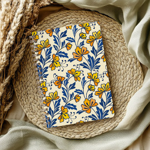 Gelb Orange Vintage-Folk-Florales Blaues Blatt Notizblock