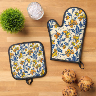 Gelb Orange Vintage-Folk-Florales Blaues Blatt Ofenhandschuh & Topflappen-Set
