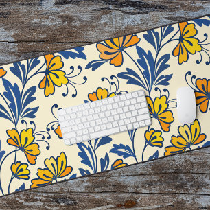 Gelb Orange Vintage-Folk-Florales Blaues Blatt Schreibtischunterlage
