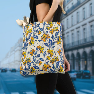 Gelb Orange Vintage-Folk-Florales Blaues Blatt Tasche