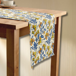 Gelb Orange Vintage-Volkskunst Blumen Blaues Blatt Kurzer Tischläufer