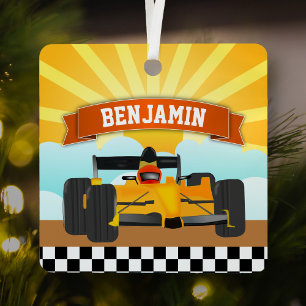 Gelb-orangefarbener Rennwagen personalisierter Nam Ornament Aus Metall