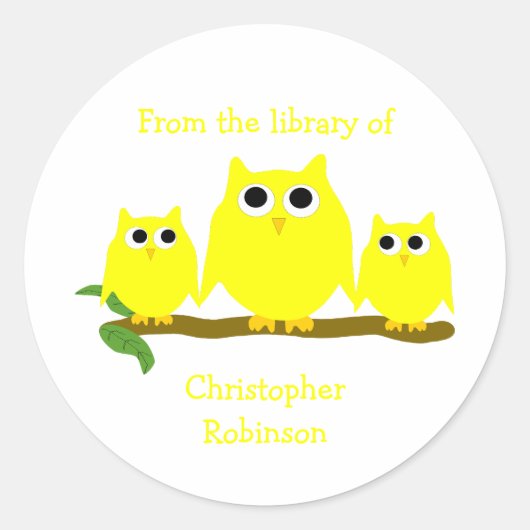 Gelb Owls Design-Exlibris Runder Aufkleber (Vorderseite)