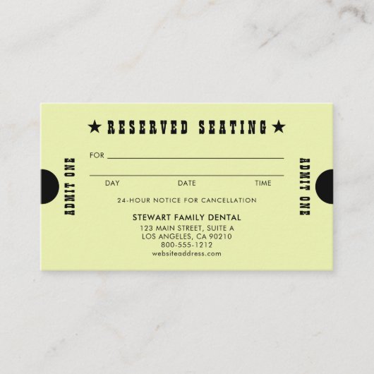 Gelb reservierte Sitzplätze Zahnersatz Terminkarte (Vorderseite)