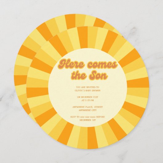 Gelb, Retro hier kommt der Sohn Baby Dusche Einladung (Vorne/Hinten)