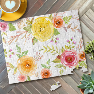 Gelb rosa florale Wasserfarbe rustikales Weißholz Puzzle