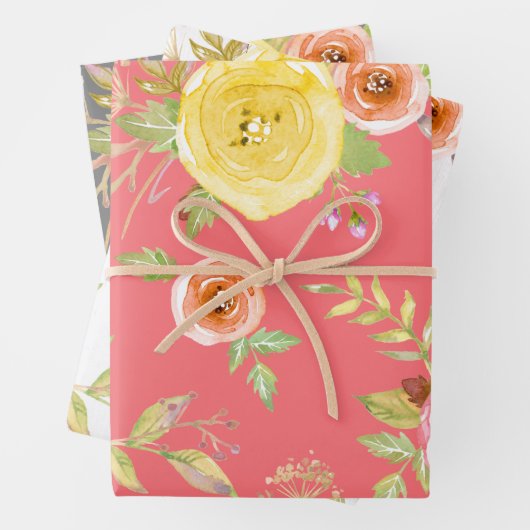 Gelb rosa grau florale Aquarell rustikal elegant Geschenkpapier Set (Beispiel)