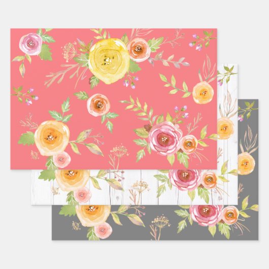 Gelb rosa grau florale Aquarell rustikal elegant Geschenkpapier Set (Set)