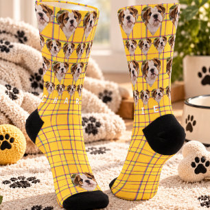 Gelb-Rosa-Karo mit individuellem Haustierfoto und Socken