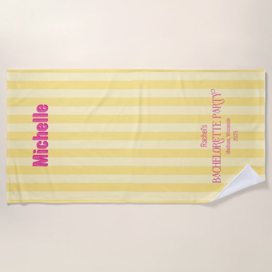 Gelb + rosa Küstenstrich Bachelorette Matching Strandtuch (Vorderseite)