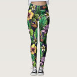 Gelb-rosa-schwarz-gelbe Muster der tropischen Blum Leggings<br><div class="desc">Kick dich zurück in diese tollen Leggings mit einem Muster von Hibiskus Blume, Paradiesvögeln und Palmfarnen. Ideal für eine besondere Veranstaltung, ein Training im Fitnessraum, einen tropischen Urlaub oder ein Festival.</div>