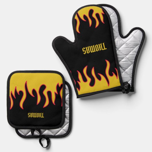 Gelb, Rot und Schwarze Flammen Personalisiert Ofenhandschuh & Topflappen-Set (Vorderseite/Rückseite)