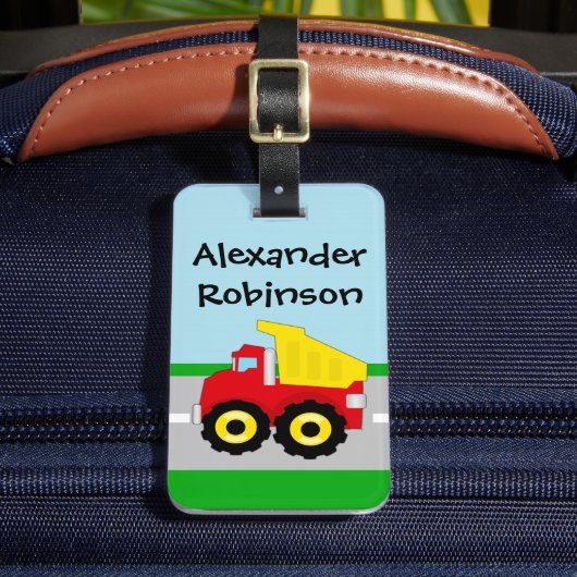 Gelb/rote Jungen Dumptruck-Bau Gepäckanhänger (Vorderseite Insitu 2)