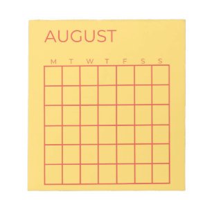 Gelb-roter undatierter August-Kalender für den Pla Notizblock
