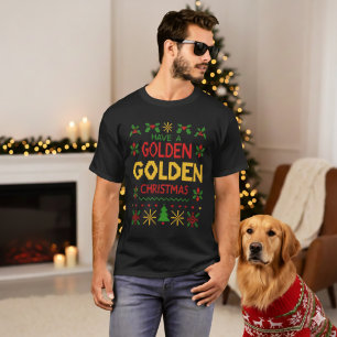 Gelb-Rotes Retro-Strickmuster Goldenes Weihnachtsm T-Shirt