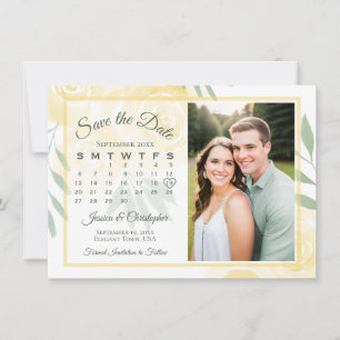 Gelb & Salbei Boho Rosen Kalender & Foto Hochzeit Save The Date