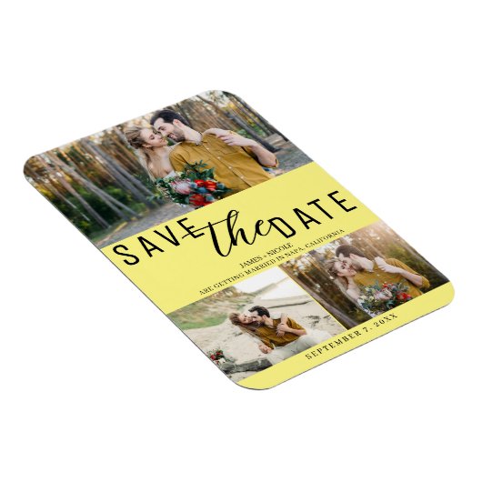 Gelb Save the Date Hochzeit 3 Fotos Magnet (Rechte Seite)