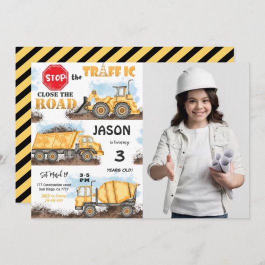 Gelb-Schwarz-Baueinladung mit Foto Einladung (Vorne/Hinten)